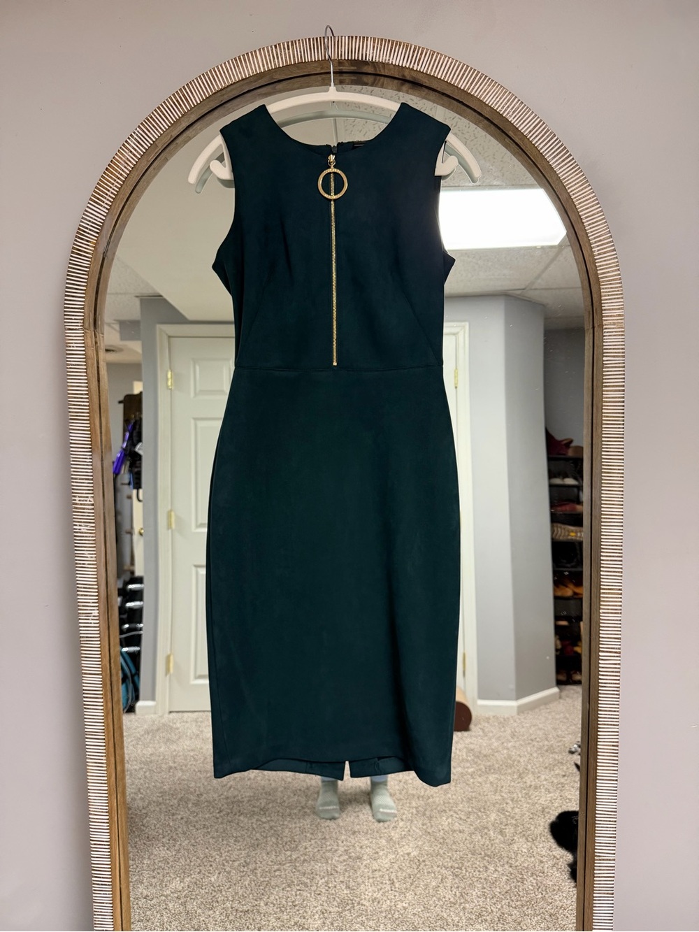 Calvin Klein Dark Teal Midi Sheath Dress with Gold Ring Zip